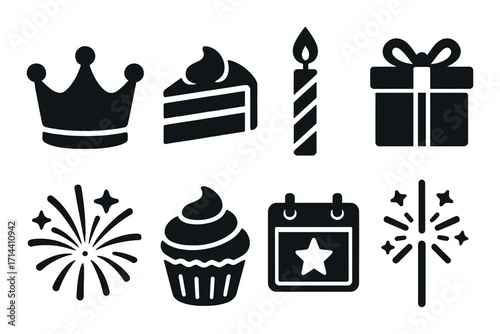 Celebration silhouette icon set. featuring crown, cake, candle, gift, fireworks, cupcake, calendar, and sparkler symbols