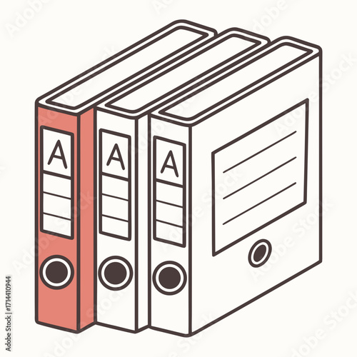 Three simple line art binders with the letter a on the spine and a red binder in the foreground on a light background