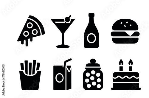 Food and drink silhouette icon set. featuring pizza, cocktail, wine bottle, burger, fries, juice, jar, cake