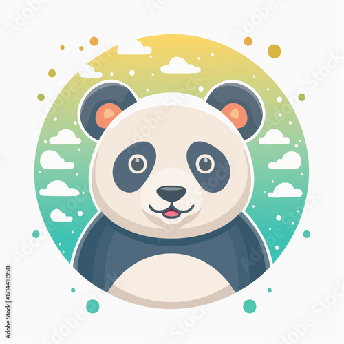 Friendly cartoon panda bear portrait illustration. An adorable and happy animal character design in a whimsical circular frame with a colorful sky