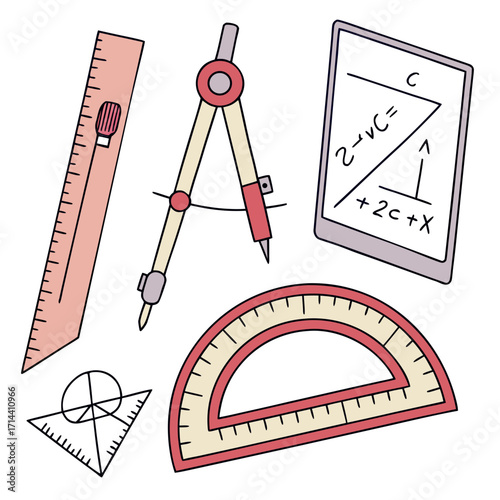 Illustration of math and geometry tools, including a ruler, compass, protractor, triangle, and tablet with equations for educational and design purposes