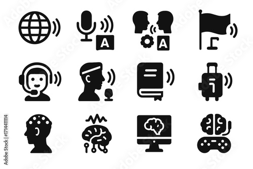 Brain multilingual language vector waves voice communication guide symbol chatbot interpreter icon
