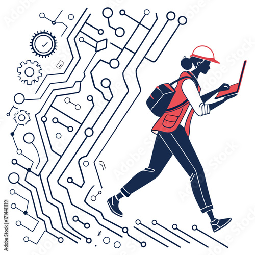 A determined engineer wearing a hard hat and vest walks forward with a laptop connected to a complex digital circuit board illustration