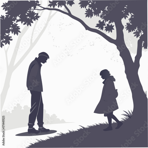 A somber scene unfolds as a father and daughter stand apart in a park, their silhouettes framed by trees, evoking themes of separation, reflection, and unspoken emotions