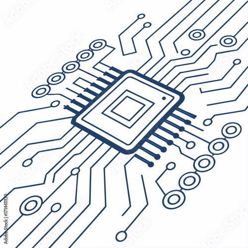 Abstract digital illustration of a central processing unit chip connected to a complex network of blue circuit board lines and nodes on a white background