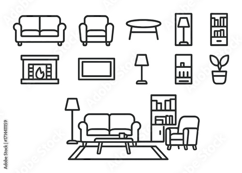Living room linear icon set. featuring sofa, armchair, table, lamp, bookshelf, fireplace, plant, rug