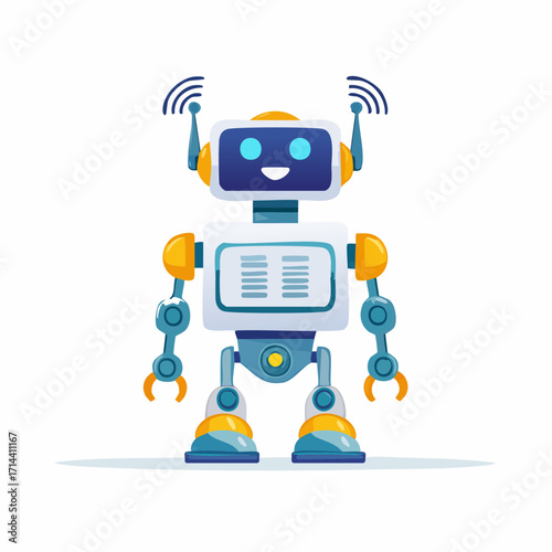 Charming and friendly cartoon robot character featuring a happy screen face and antennae, symbolizing artificial intelligence, technological advancement, and futuristic innovation