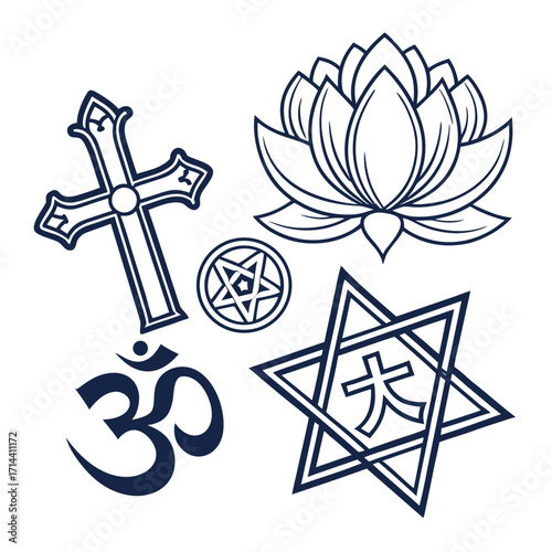 A collection of diverse religious symbols, , representing unity, spirituality, and the rich tapestry of global beliefs and traditions