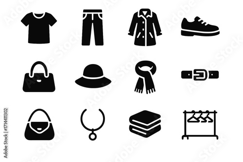 Hanger rack set bottoms bags vector jewelry hats outerwear scarves icon wardrobe