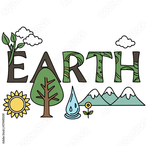 A vibrant illustration celebrates earth day, , featuring the word earth adorned with natureinspired elements, symbolizing environmental awareness and sustainability