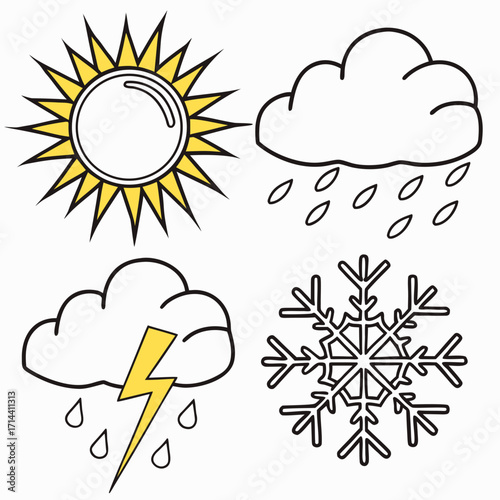 Collection of cartoon weather icons showing sun rain lightning storm and snowflake on a white background for weather forecast and climate concepts