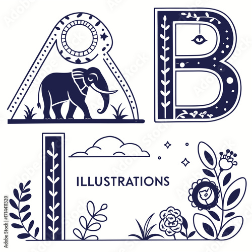 A captivating illustration showcases decorative letters and natureinspired elements, , creating a visually appealing composition with an artistic flair