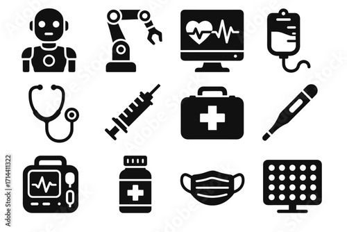 Medical icon aid first defibrillator kit vector led icons bag stethoscope futuristic