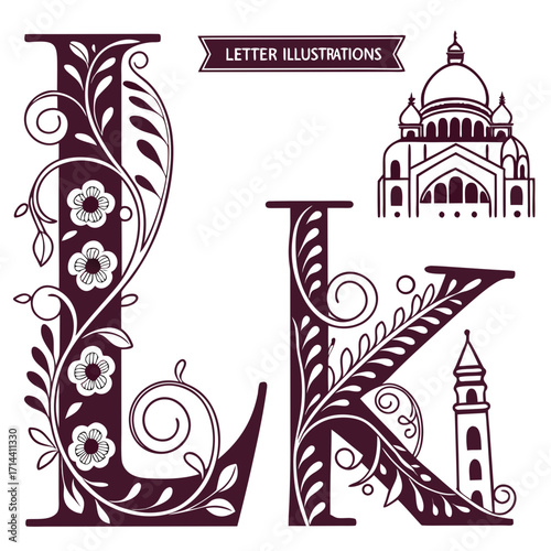 Letter illustrations with floral ornaments and architectural elements, vintage initial letters l and k with flowers and leaves, cathedral and tower