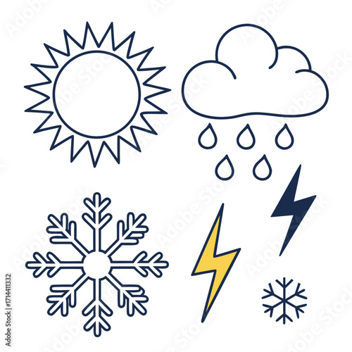 Collection of simple weather icons including sun rain cloud snowflakes and lightning bolts on a white background