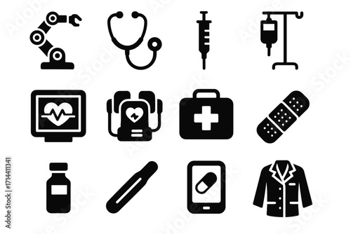 Icon vector syringe vial healthcare first aid tablet iv medicine thermometer set