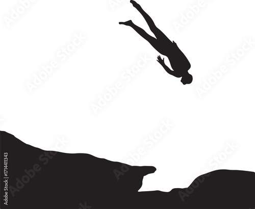 Black silhouette of diver twisting mid-air, white background, minimal style