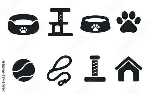 Pet care silhouette icons set. featuring bed, scratcher, bowl, paw, ball, leash, post, and house symbols