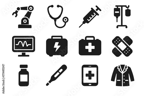 Healthcare iv set robotic lab stand vector tablet thermometer kit medical icon