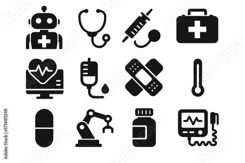 Aid robot icon vector heart bottle bandage stethoscope icons tablet medic drip