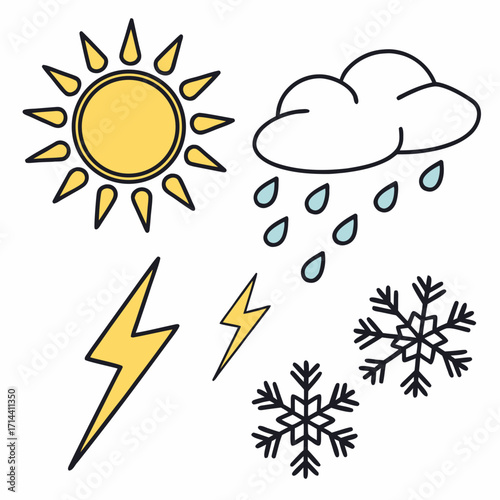 Collection of hand drawn weather icons including sun rain cloud lightning bolts and snowflakes representing different atmospheric conditions and seasons