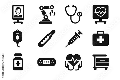 Iv thermometer icon bag telemedicine cart robot icons defibrillator aid vector monitor