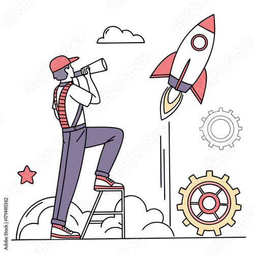 A man standing on a ladder looking through a telescope at a rocket launching into the sky, symbolizing vision, aspiration, and the pursuit of ambitious goals