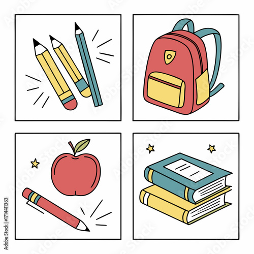 A charming collection of school supplies including pencils a backpack an apple and books presented in a four panel cartoon illustration style for educational themes