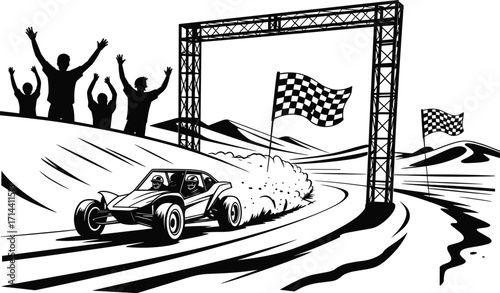 A powerful off-road buggy racing towards the finish line, with a checkered flag and cheering crowd, representing the excitement of rally and dune racing sport.