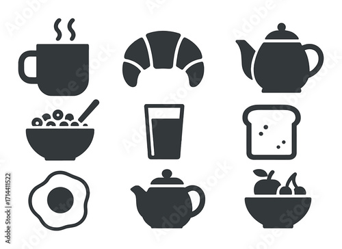 Breakfast food silhouette icon set. featuring coffee, croissant, teapot, cereal, juice, bread, egg, and fruit symbols