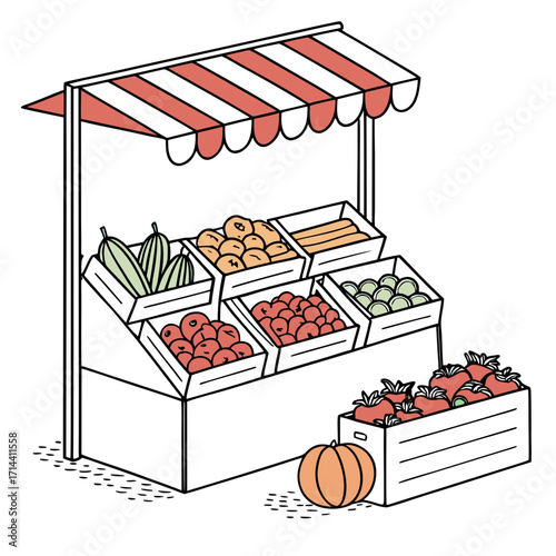 A charming hand drawn illustration of a colorful fruit and vegetable stand overflowing with fresh produce and a pumpkin on the side