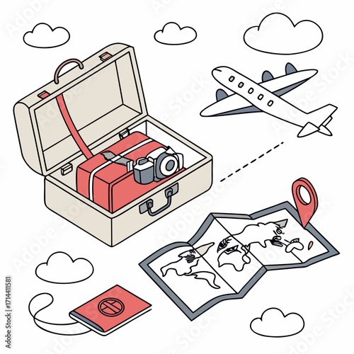 Open suitcase packed with red luggage and camera airplane flying folded map with pin passport and clouds symbolizing travel and adventure planning