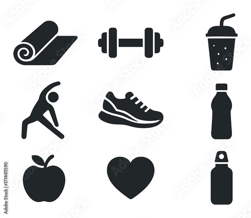 Fitness silhouette icon set. featuring yoga mat, dumbbell, smoothie, stretching, sneakers, bottle, apple, heart, spray