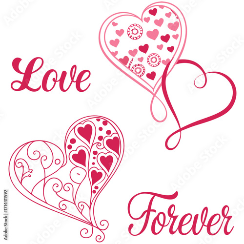 Romantic love illustration featuring hearts and calligraphy, a charming design for cards, decorations, and festive projects, conveying love and eternal affection