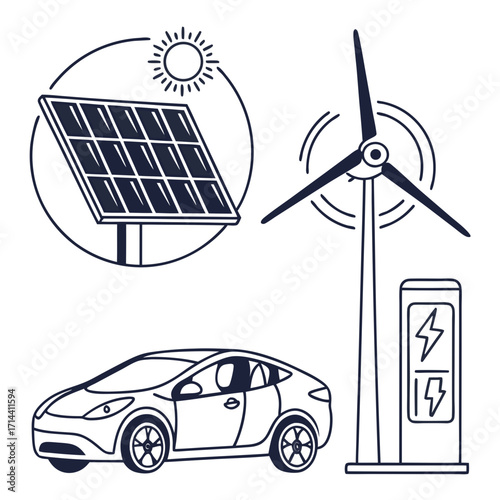 Clean energy concept with solar panel wind turbine electric car and charging station in a simple line art style for eco friendly transportation and power generation