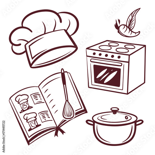 A charming culinary doodle showcases a chefs hat, oven, recipe book, and pot, capturing the essence of cooking and gastronomy with delightful simplicity