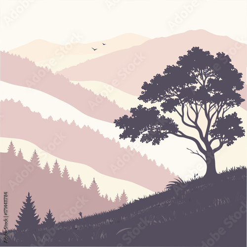 Serene silhouette of a solitary tree on a grassy hill overlooking layered misty mountains and pine forests under a pale sky with two birds flying