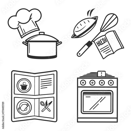 A collection of kitchenthemed illustrations featuring a chefs hat, pot, bread, whisk, cookbook, recipe book, and oven