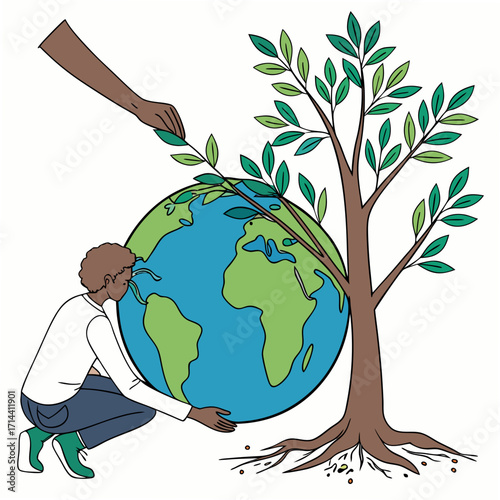 Person lovingly hugging planet earth next to a growing tree with a hand planting a branch symbolizing environmental care and nurturing nature
