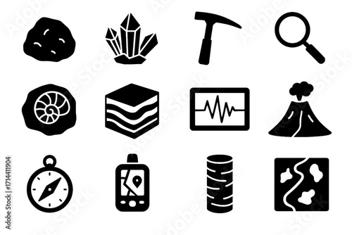 Magnifying glass crystal rock virtual icon lab gps stratigraphy hammer core vector