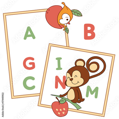 Cute cartoon monkey and fruit character learning alphabet letters on whiteboards for early childhood education and fun learning activities