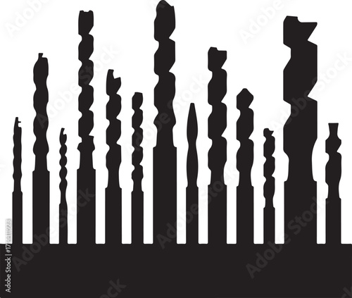  black silhouette of drill bits on white background, vector