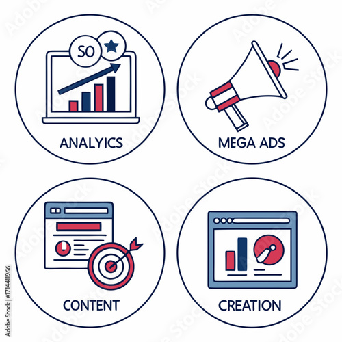 Analytics, mega ads, content marketing, and creation icons set of flat line vector icons for website design and development, app development
