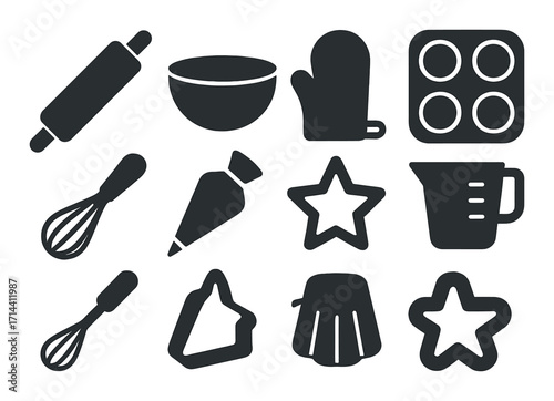 Baking silhouette icon set. featuring rolling pin, bowl, oven mitt, muffin pan, whisk, piping bag, measuring cup, and cake mold symbols