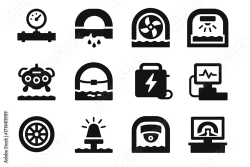 Vector internal light inspection rescue beacon tunnel fan icons hatch water underwater
