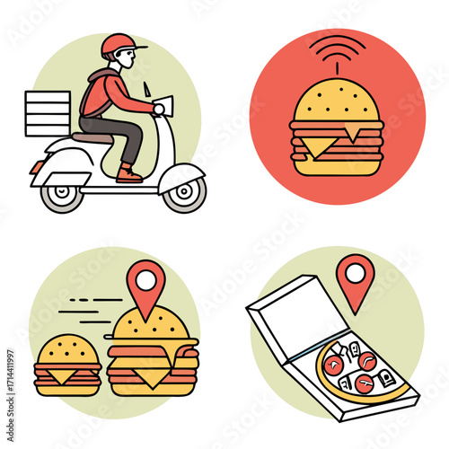 Food delivery service icons set featuring a delivery man on a scooter, burger with signal, burger with location pin, and pizza in a box with location pin