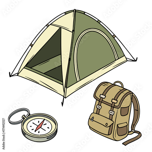 Illustration of a green camping tent a tan backpack and a vintage compass on a white background representing outdoor adventure and exploration equipment