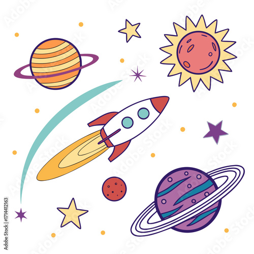 Handdrawn space elements cute planets, stars, sun, and rocket in doodle style cosmic vector illustration for kids, astronomy, and science projects