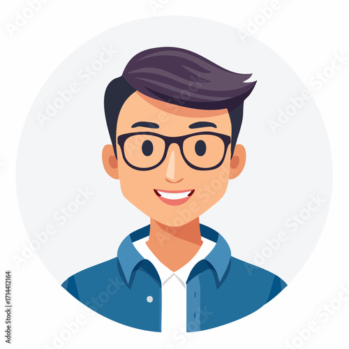 Vibrant cartoon illustration of a smiling young man in glasses, perfect for avatar, profile picture, or friendly user interface design, representing youthful spirit and approachability