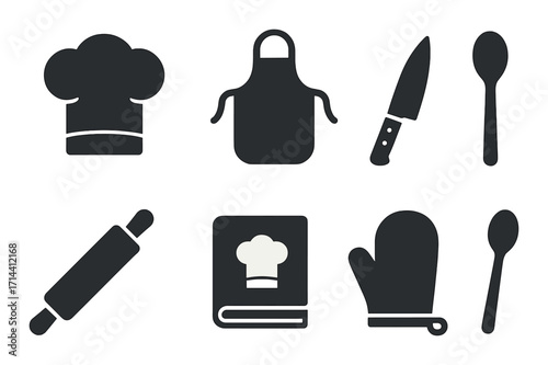 Kitchen tools silhouette icon set. featuring chef hat, apron, knife, spoon, rolling pin, cookbook, mitten.